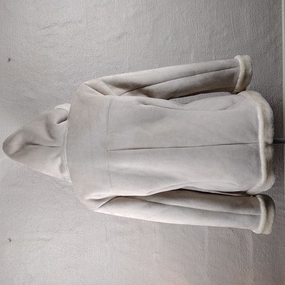 BGSD Est. 1990 Cream Faux Suede Hooded Long Sleeve Zip Up Mid Length Winter Coat - Picture 9 of 11